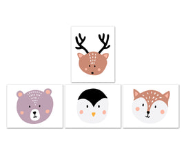 Nursery Animal Faces Reindeer Bear Cat Wall Art Prints Set - Home Decor For Kids, Child, Children, Baby or Toddlers Room - Gift for Newborn Baby Shower | Set of 4 - Unframed- 8x10 Photos