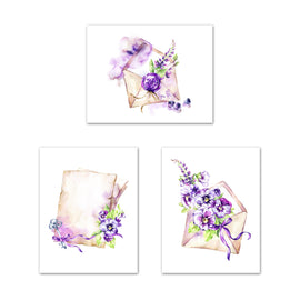 Purple Flower Letter Envelope Wall Art Prints Set - Home Decor For Kids, Child, Children, Baby or Toddlers Room - Gift for Newborn Baby Shower | Set of 3 - Unframed- 8x10 Photos