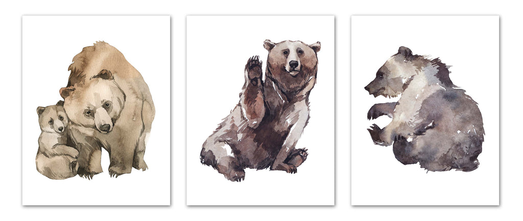 Watercolour Bears Wall Art Prints Set - Home Decor For Kids, Child, Children, Baby or Toddlers Room - Gift for Newborn Baby Shower | Set of 3 - Unframed- 8x10 Photos