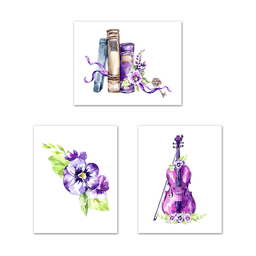 Purple Violin Books Flower Wall Art Prints Set - Home Decor For Kids, Child, Children, Baby or Toddlers Room - Gift for Newborn Baby Shower | Set of 3 - Unframed- 8x10 Photos