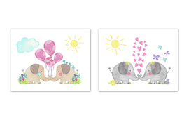 Twin Elephants Wall Art Prints Set - Home Decor For Kids, Child, Children, Baby or Toddlers Room - Gift for Newborn Baby Shower | Set of 2 - Unframed- 8x10 Photos
