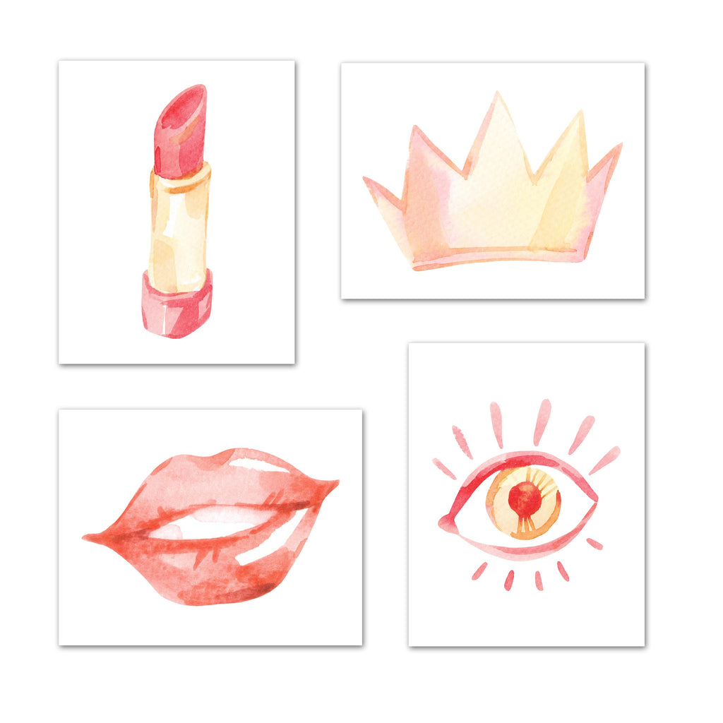 Lips lipstick Crown & Eyes Beauty Wall Art Prints Set - Ideal Gift For Family Room Kitchen Play Room Wall Décor Birthday Wedding Anniversary | Set of 4 - Unframed- 8x10 Photos