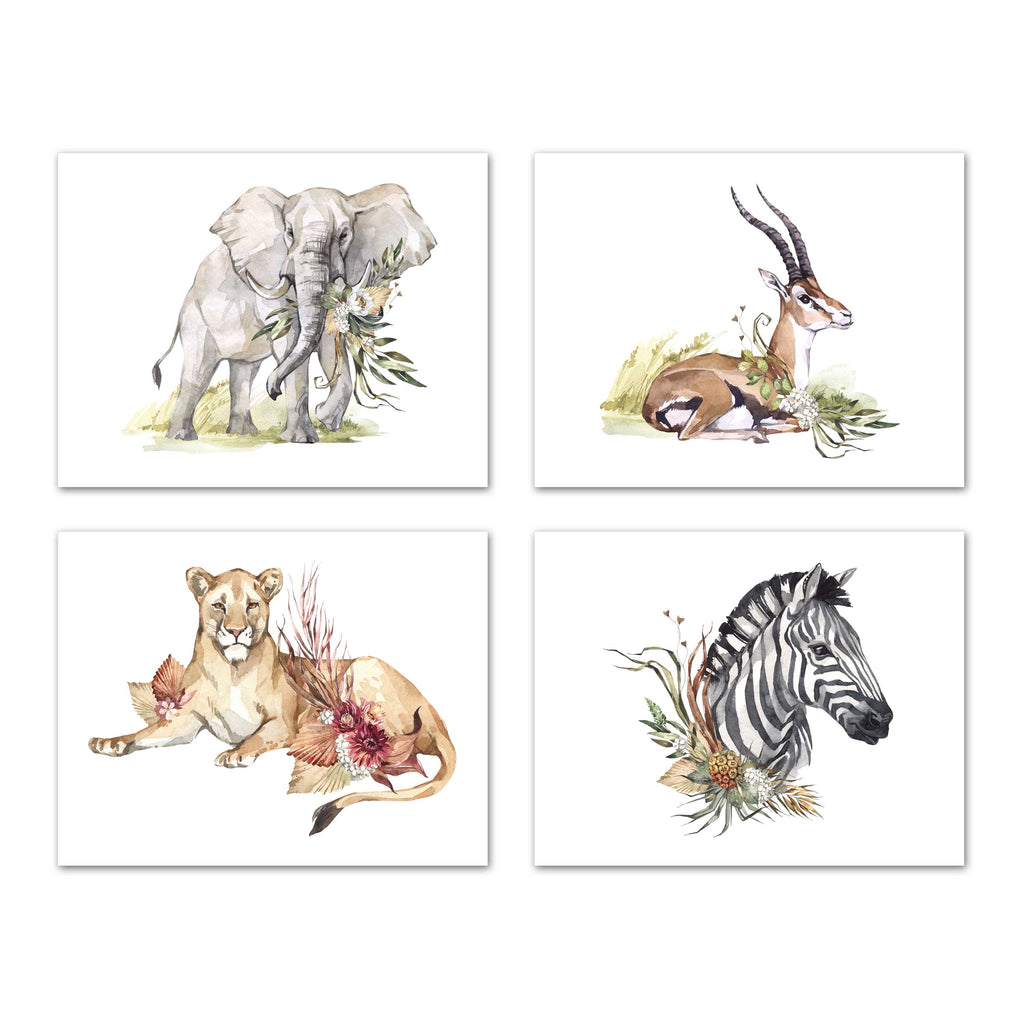 Elephant tiger Deer & Zebra Safari Animal Nursery Wall Art Prints Set - Home Decor For Kids, Child, Children, Baby or Toddlers Room - Gift for Newborn Baby Shower | Set of 4 - Unframed- 8x10 Photos