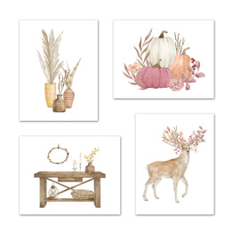 Vases Pumpkin Table & Reindeer Autumn Farmhouse Wall Art Prints Set - Ideal Gift For Family Room Kitchen Play Room Wall Décor Birthday Wedding Anniversary | Set of 4 - Unframed- 8x10 Photos