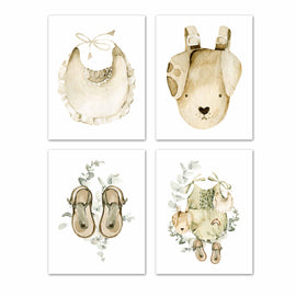 Frok Bag Bib & Sandle Boho Nursery Wall Art Prints Set - Home Decor For Kids, Child, Children, Baby or Toddlers Room - Gift for Newborn Baby Shower | Set of 4 - Unframed- 8x10 Photos