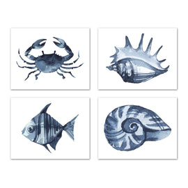Crab Fish Shells Blue Saphire Ocean Wall Art Prints Set - Home Decor For Kids, Child, Children, Baby or Toddlers Room - Gift for Newborn Baby Shower | Set of 4 - Unframed- 8x10 Photos