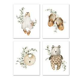 Teddy Bear Suit Bag & Sandle Boho Nursery Wall Art Prints Set - Home Decor For Kids, Child, Children, Baby or Toddlers Room - Gift for Newborn Baby Shower | Set of 4 - Unframed- 8x10 Photos