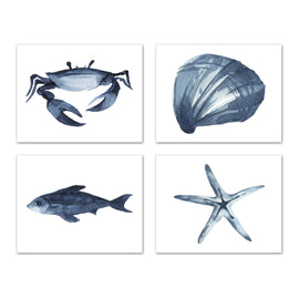 Crab Starfish Jellyfish & Fish Blue Saphire Ocean Wall Art Prints Set - Home Decor For Kids, Child, Children, Baby or Toddlers Room - Gift for Newborn Baby Shower | Set of 4 - Unframed- 8x10 Photos