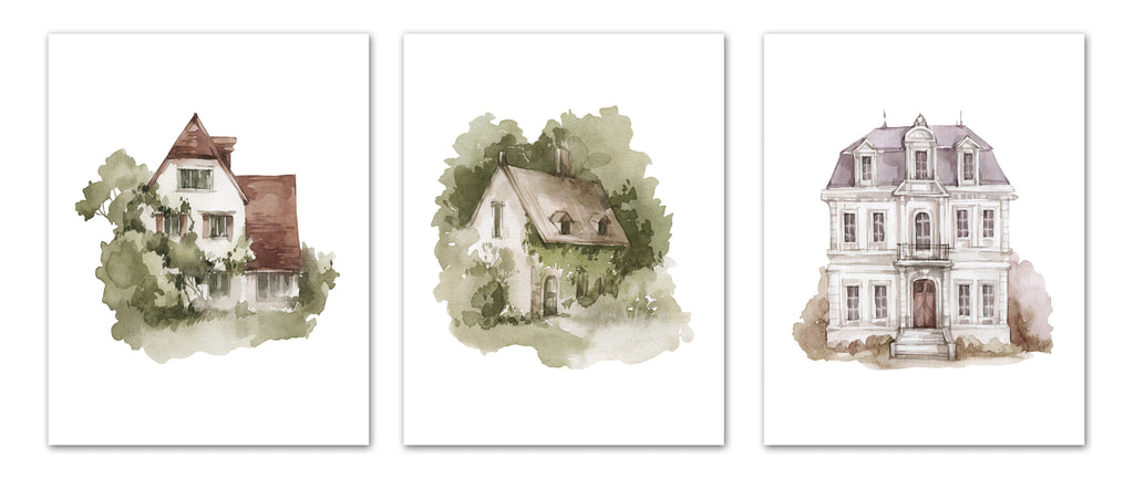 Souther Plantation Houses Watercolor Design Wall Art Prints Set - Ideal Gift For Family Room Kitchen Play Room Wall Décor Birthday Wedding Anniversary | Set of 3 - Unframed- 8x10 Photos