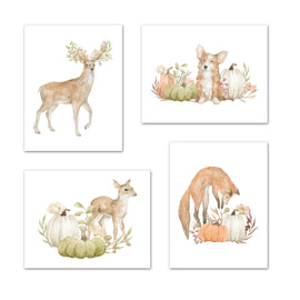 Dogs Pumpkin & reindeer Autumn Outdoors Wall Art Prints Set - Ideal Gift For Family Room Kitchen Play Room Wall Décor Birthday Wedding Anniversary | Set of 4 - Unframed- 8x10 Photos