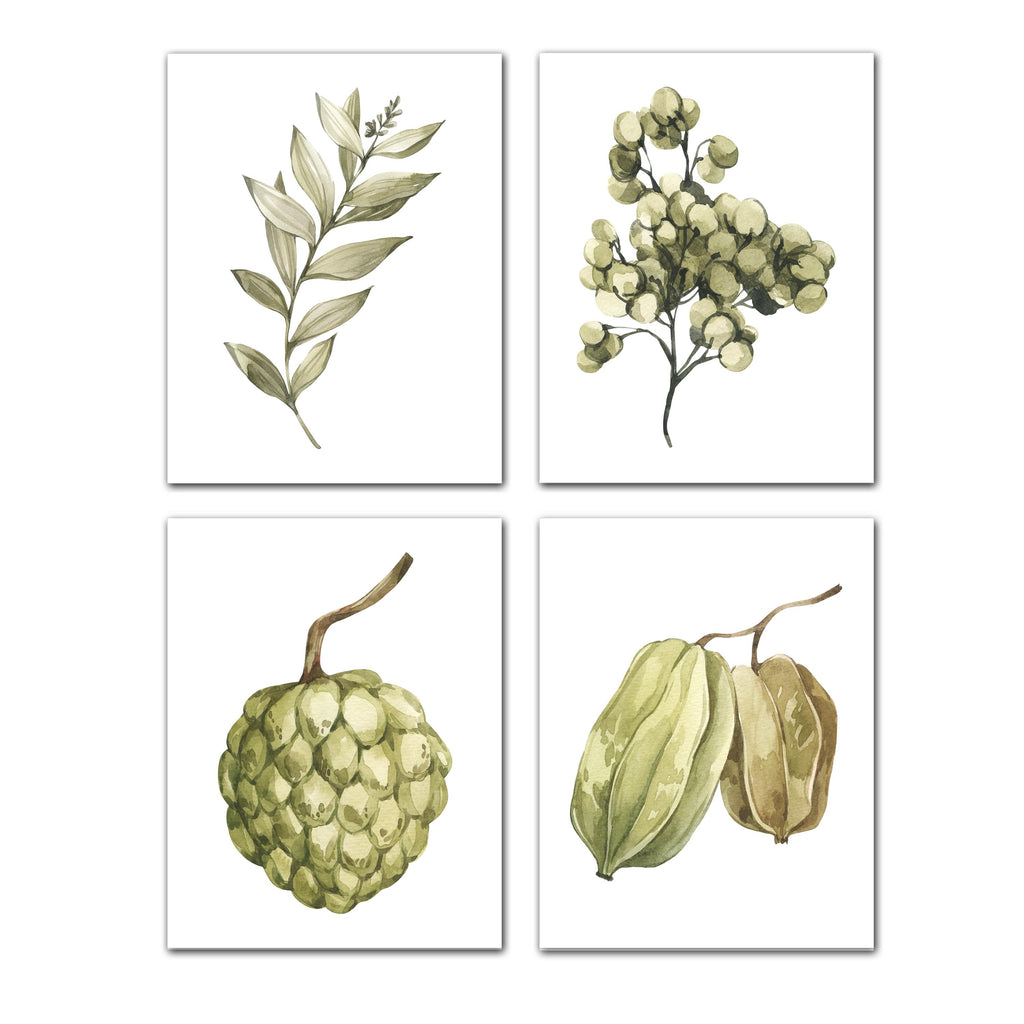 Green Foliage Elements Wall Art Prints Set - Ideal Gift For Family Room Kitchen Play Room Wall Décor Birthday Wedding Anniversary | Set of 4 - Unframed- 8x10 Photos