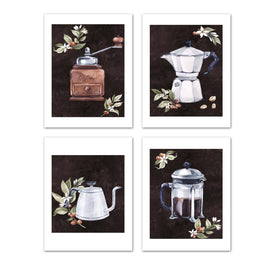 Coffee Maker & Seed Foliage Kitchen Wall Art Prints Set - Ideal Gift For Family Room Kitchen Play Room Wall Décor Birthday Wedding Anniversary | Set of 4 - Unframed- 8x10 Photos