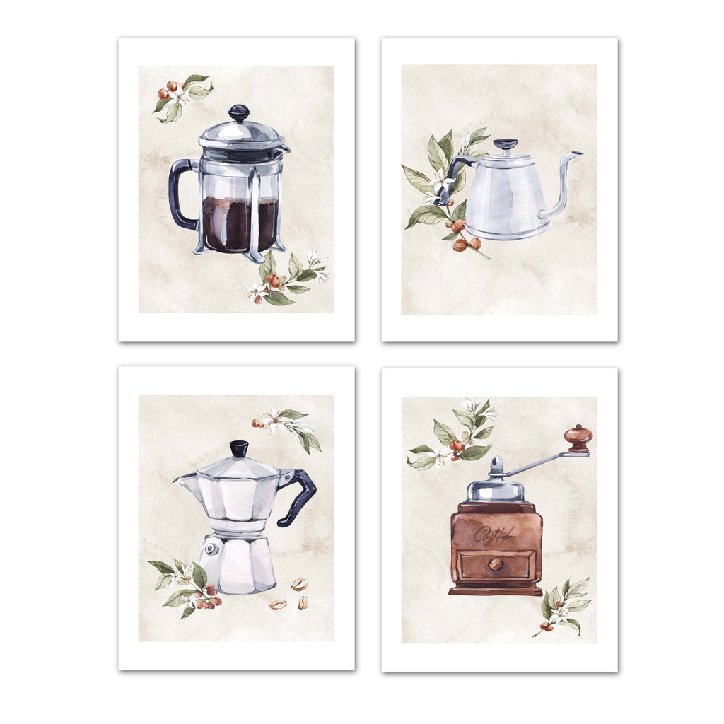 Coffee Maker & Seed Foliage Kitchen Wall Art Prints Set - Ideal Gift For Family Room Kitchen Play Room Wall Décor Birthday Wedding Anniversary | Set of 4 - Unframed- 8x10 Photos