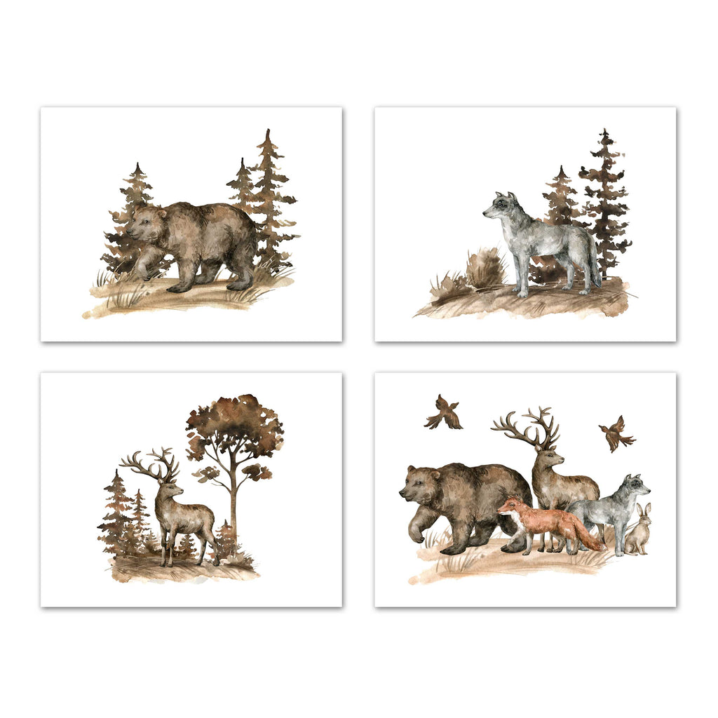 Bear Wolf Reindeer & Forest Animal Wall Art Prints Set - Home Decor For Kids, Child, Children, Baby or Toddlers Room - Gift for Newborn Baby Shower | Set of 4 - Unframed- 8x10 Photos