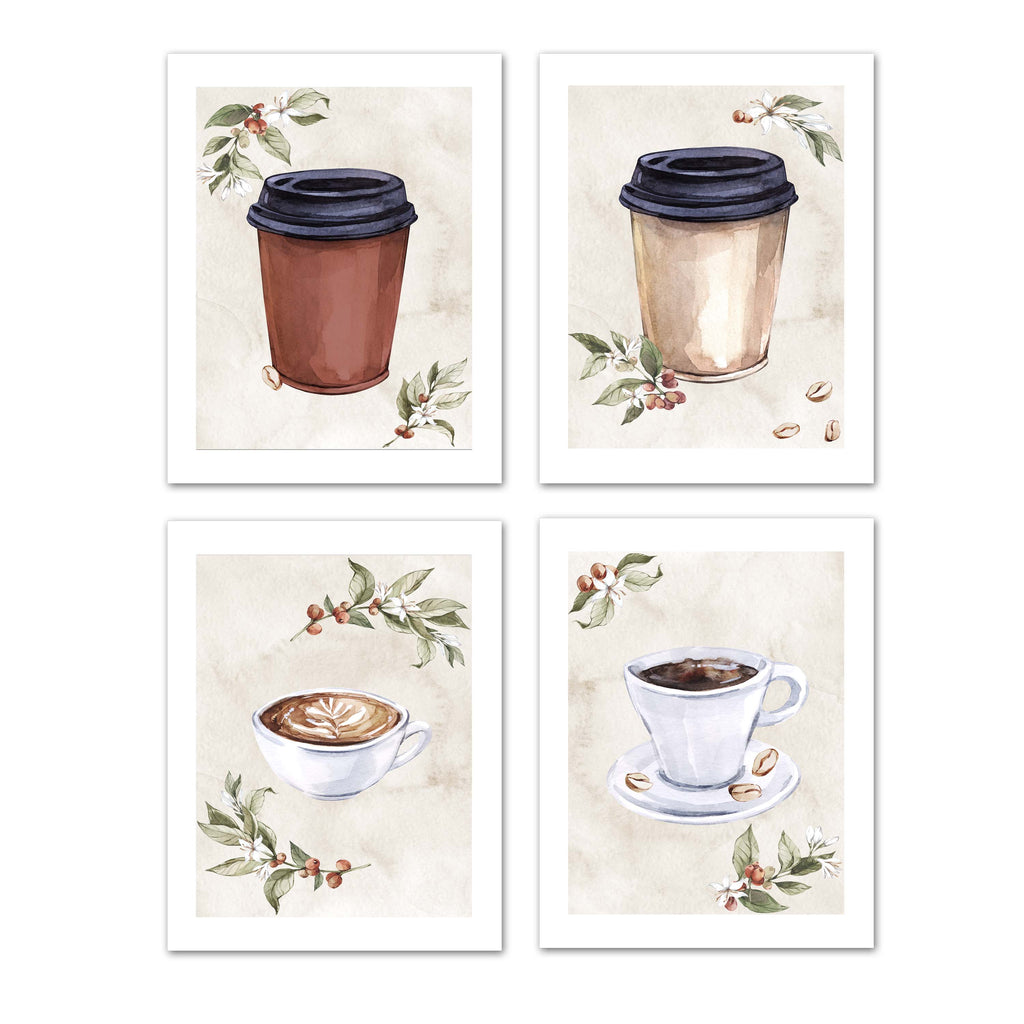Dispossible Marble Coffee Cups With Seed Foliage Print Kitchen Wall Art Prints Set - Gift For Family Room Kitchen Play Room Wall Décor Birthday Wedding Anniversary | Set of 4 - Unframed- 8x10 Photos