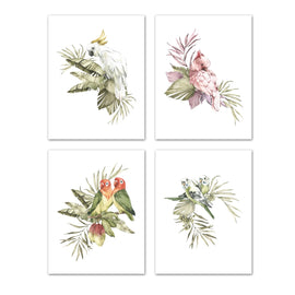Adorable Parrots Birds and Foliage Wall Art Prints Set - Home Decor For Kids, Child, Children, Baby or Toddlers Room - Gift for Newborn Baby Shower | Set of 4 - Unframed- 8x10 Photos