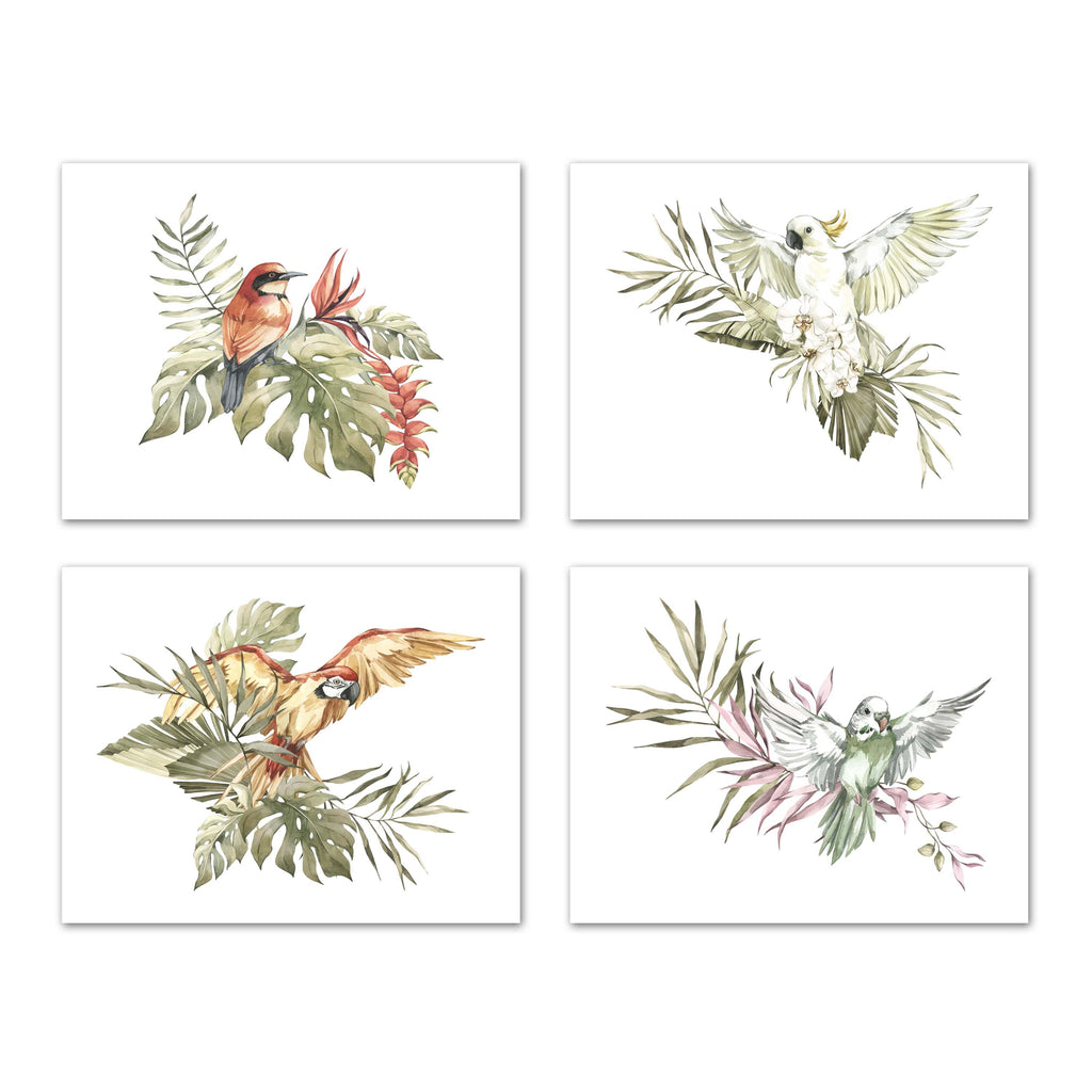 Sparrow & Parrots Birds and Foliage Wall Art Prints Set - Home Decor For Kids, Child, Children, Baby or Toddlers Room - Gift for Newborn Baby Shower | Set of 4 - Unframed- 8x10 Photos