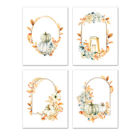 Pumpkins & lantern Autumn Wreath Arch Wall Art Prints Set - Ideal Gift For Family Room Kitchen Play Room Wall Décor Birthday Wedding Anniversary | Set of 4 - Unframed- 8x10 Photos