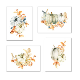 Autumn Pumpkin Watercolour  Wall Art Prints Set - Ideal Gift For Family Room Kitchen Play Room Wall Décor Birthday Wedding Anniversary | Set of 4 - Unframed- 8x10 Photos