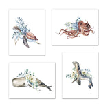 Fish Tortoise Octopus & Seal Nursery Ocean Animal Wall Art Prints Set - Home Decor For Kids, Child, Children, Baby or Toddlers Room - Gift for Newborn Baby Shower | Set of 4 - Unframed- 8x10 Photos