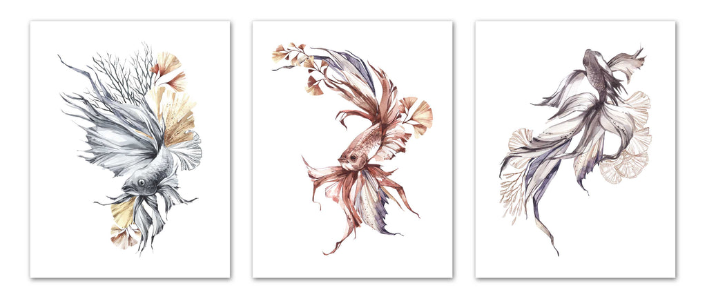 Watercolor Fish and Flora Wall Art Prints Set - Home Decor For Kids, Child, Children, Baby or Toddlers Room - Gift for Newborn Baby Shower | Set of 3 - Unframed- 8x10 Photos