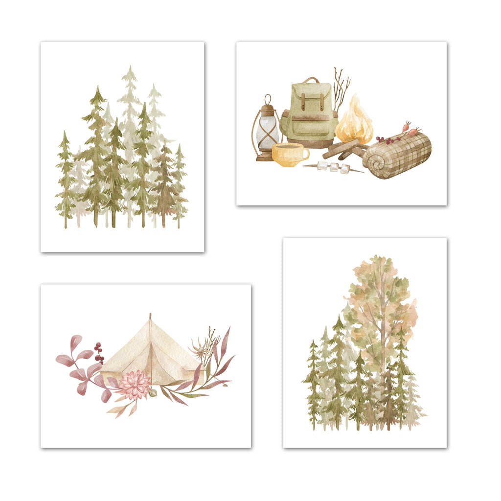 Outdoor Forest Trees & Hiking Kit Wall Art Prints Set - Ideal Gift For Family Room Kitchen Play Room Wall Décor Birthday Wedding Anniversary | Set of 4 - Unframed- 8x10 Photos