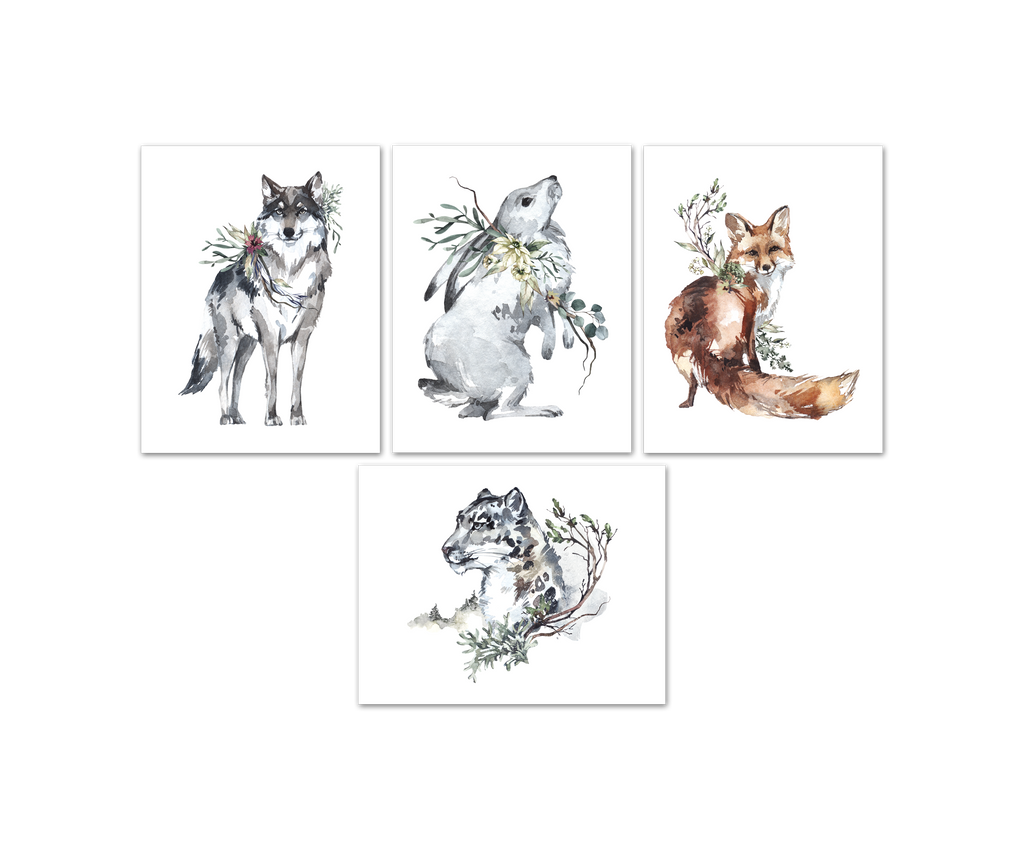 Wolf Rabbit Fox Tiger In Snow Forest Animal Nursery Wall Art Prints Set - Home Decor For Kids, Child, Children, Baby or Toddlers Room - Gift for Newborn Baby Shower | Set of 4 - Unframed- 8x10 Photos