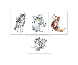 Wolf Rabbit Fox Tiger In Snow Forest Animal Nursery Wall Art Prints Set - Home Decor For Kids, Child, Children, Baby or Toddlers Room - Gift for Newborn Baby Shower | Set of 4 - Unframed- 8x10 Photos