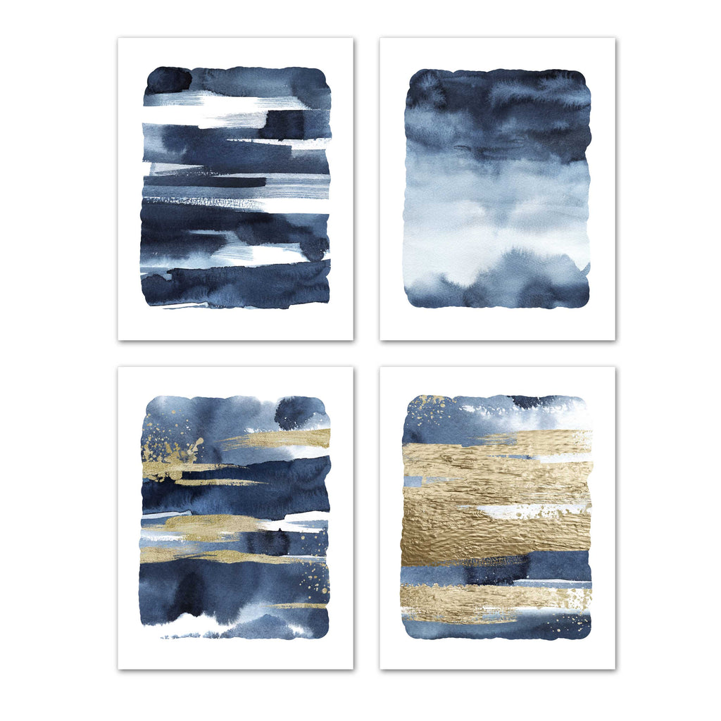 Blue and Gold Abstract Wall Art Prints Set - Ideal Gift For Family Room Kitchen Play Room Wall Décor Birthday Wedding Anniversary | Set of 4 - Unframed- 8x10 Photos