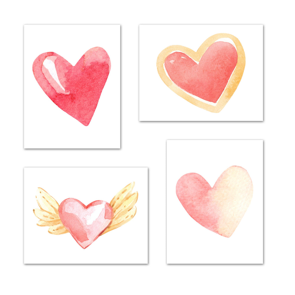 Watercolor Hearts Sign of Love Wall Art Prints Set - Home Decor For Kids, Child, Children, Baby or Toddlers Room - Gift for Newborn Baby Shower | Set of 4 - Unframed- 8x10 Photos