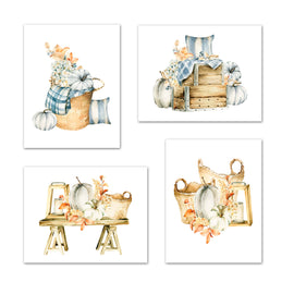Farmhouse Autumn Flower, fruit & Picnic Basket Wall Art Prints Set - Ideal Gift For Family Room Kitchen Play Room Wall Décor Birthday Wedding Anniversary | Set of 4 - Unframed- 8x10 Photos