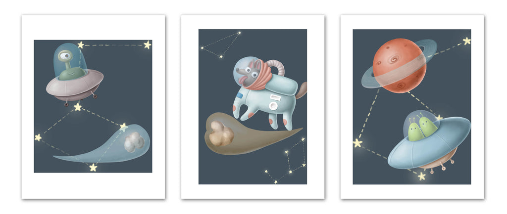 Spaceship & Astronaut Space Alien Wall Art Prints Set - Home Decor For Kids, Child, Children, Baby or Toddlers Room - Gift for Newborn Baby Shower | Set of 3 - Unframed- 8x10 Photos