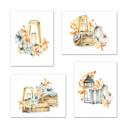 Farmhouse Autumn Basket lantern & Table Painting Wall Art Prints Set - Ideal Gift For Family Room Kitchen Play Room Wall Décor Birthday Wedding Anniversary | Set of 4 - Unframed- 8x10 Photos
