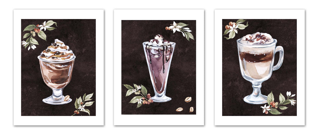 Cold Coffee Drink With Seed Foliage Kitchen Wall Art Prints Set - Ideal Gift For Family Room Kitchen Play Room Wall Décor Birthday Wedding Anniversary | Set of 3 - Unframed- 8x10 Photos