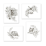 Pencil Sketch House Windmill Design Wall Art Prints Set - Ideal Gift For Family Room Kitchen Play Room Wall Décor Birthday Wedding Anniversary | Set of 4 - Unframed- 8x10 Photos