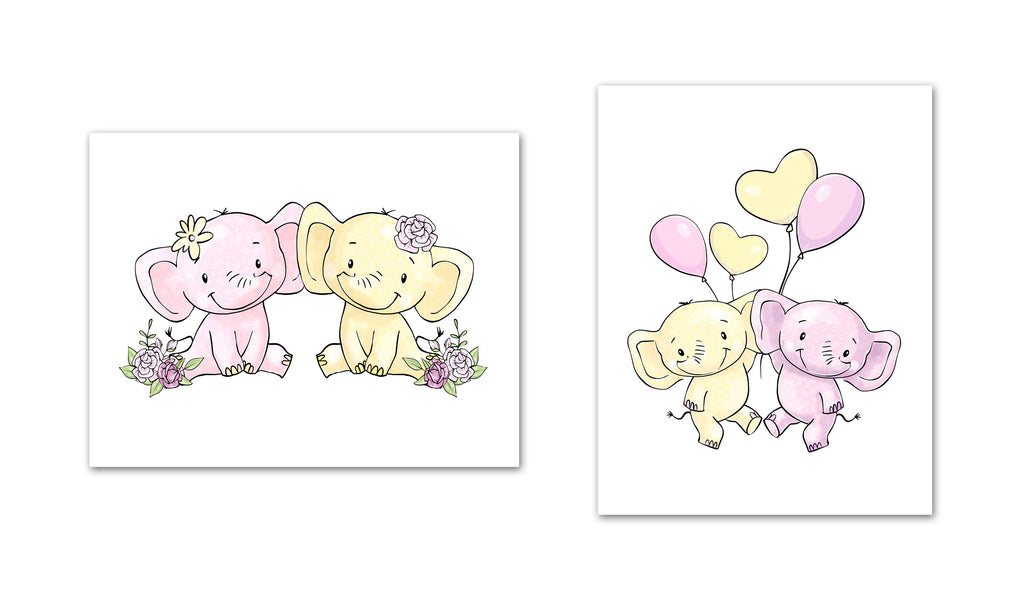 Elephant Twin Nursery Wall Art Prints Set - Home Decor For Kids, Child, Children, Baby or Toddlers Room - Gift for Newborn Baby Shower | Set of 3 - Unframed- 8x10 Photos