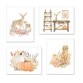 Dog Pumpkin Table & Reindeer Autumn Farmhouse Design Wall Art Prints Set - Ideal Gift For Family Room Kitchen Play Room Wall Décor Birthday Wedding Anniversary | Set of 4 - Unframed- 8x10 Photos