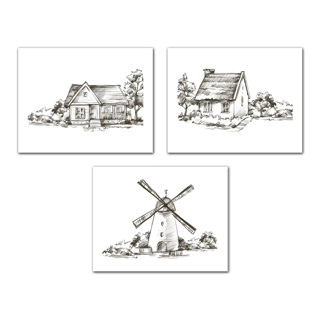 Pencil Sketch House Windmill Wall Art Prints Set - Ideal Gift For Family Room Kitchen Play Room Wall Décor Birthday Wedding Anniversary | Set of 4 - Unframed- 8x10 Photos