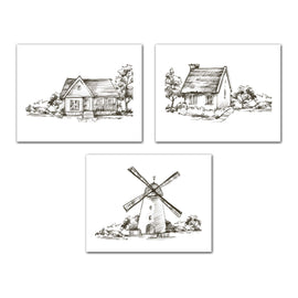Pencil Sketch House Windmill Wall Art Prints Set - Ideal Gift For Family Room Kitchen Play Room Wall Décor Birthday Wedding Anniversary | Set of 4 - Unframed- 8x10 Photos