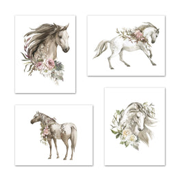 Abstract Horses Sketch Floral Wall Art Prints Set - Home Decor For Kids, Child, Children, Baby or Toddlers Room - Gift for Newborn Baby Shower | Set of 4 - Unframed- 8x10 Photos