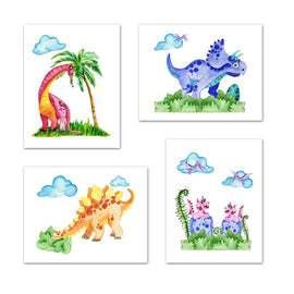 Kids Dino Dinosaur Wall Art Prints Set - Home Decor For Kids, Child, Children, Baby or Toddlers Room - Gift for Newborn Baby Shower | Set of 4 - Unframed- 8x10 Photos