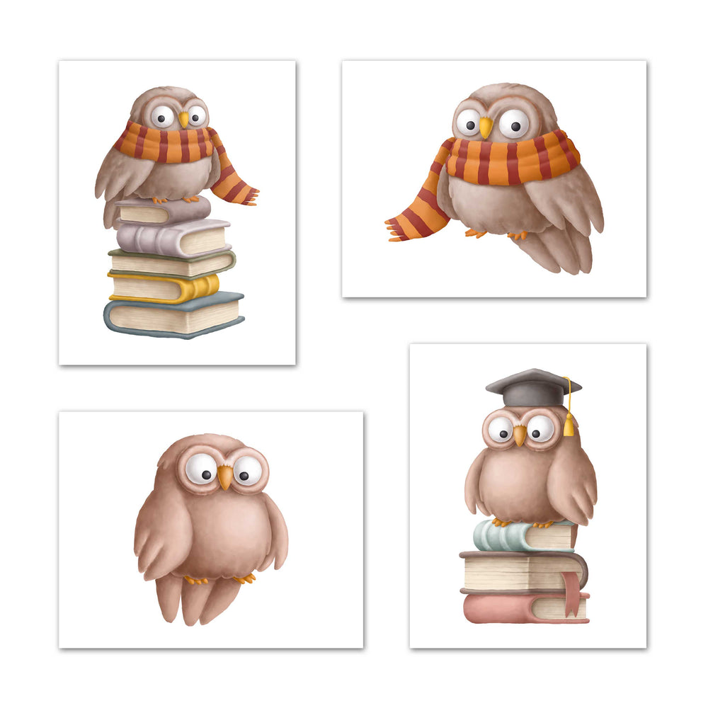 Owl on Book with Graduation Cap Nursery Wall Art Prints Set - Home Decor For Kids, Child, Children, Baby or Toddlers Room - Gift for Newborn Baby Shower | Set of 4 - Unframed- 8x10 Photos