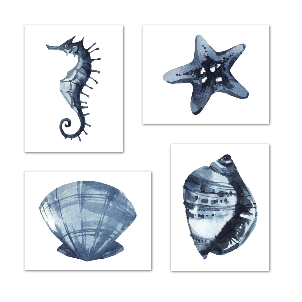 Seahorse Starfish jellyfish & Oyster Blue Saphire Ocean Wall Art Prints Set - Home Decor For Kids, Child, Children, Baby or Toddlers Room - Newborn Baby Shower Gift | Set of 4 - Unframed- 8x10 Photos