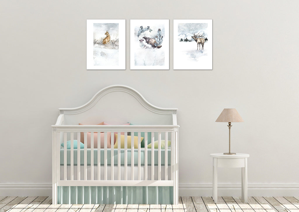 Reindeer Fox Hedgehog in Snow Nursery Wall Art Prints Set - Home Decor For Kids, Child, Children, Baby or Toddlers Room - Gift for Newborn Baby Shower | Set of 3 - Unframed- 8x10 Photos