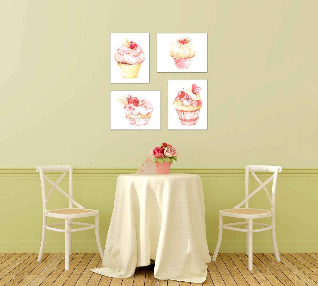 Sweet Cupcakes Cakes Wall Art Prints Set - Ideal Gift For Family Room Kitchen Play Room Wall Décor Birthday Wedding Anniversary | Set of 4 - Unframed- 8x10 Photos