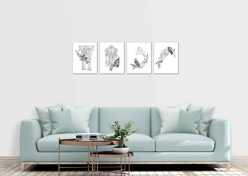 Architecture Pencil Sketch Design Wall Art Prints Set - Ideal Gift For Family Room Kitchen Play Room Wall Décor Birthday Wedding Anniversary | Set of 4 - Unframed- 8x10 Photos