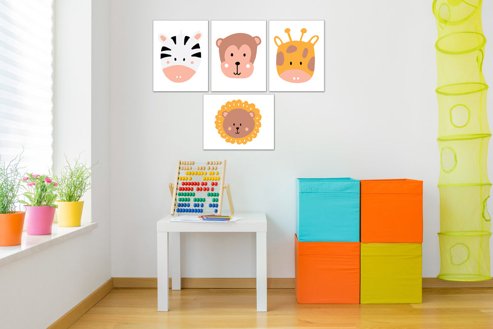 Nursery Cartoon & Animal Faces Wall Art Prints Set - Home Decor For Kids, Child, Children, Baby or Toddlers Room - Gift for Newborn Baby Shower | Set of 4 - Unframed- 8x10 Photos