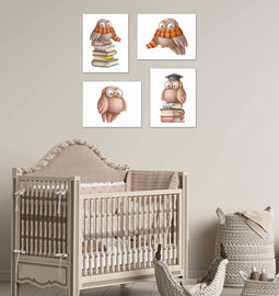 Owl on Book with Graduation Cap Nursery Wall Art Prints Set - Home Decor For Kids, Child, Children, Baby or Toddlers Room - Gift for Newborn Baby Shower | Set of 4 - Unframed- 8x10 Photos