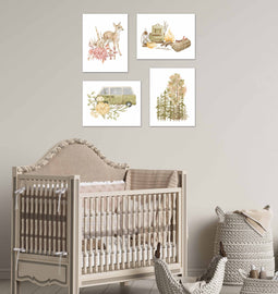 Reindeer Bus Bonefire & Hiking Outdoor Camping Wall Art Prints Set - Home Decor For Kids, Child, Children, Baby or Toddlers Room - Gift for Newborn Baby Shower | Set of 4 - Unframed- 8x10 Photos