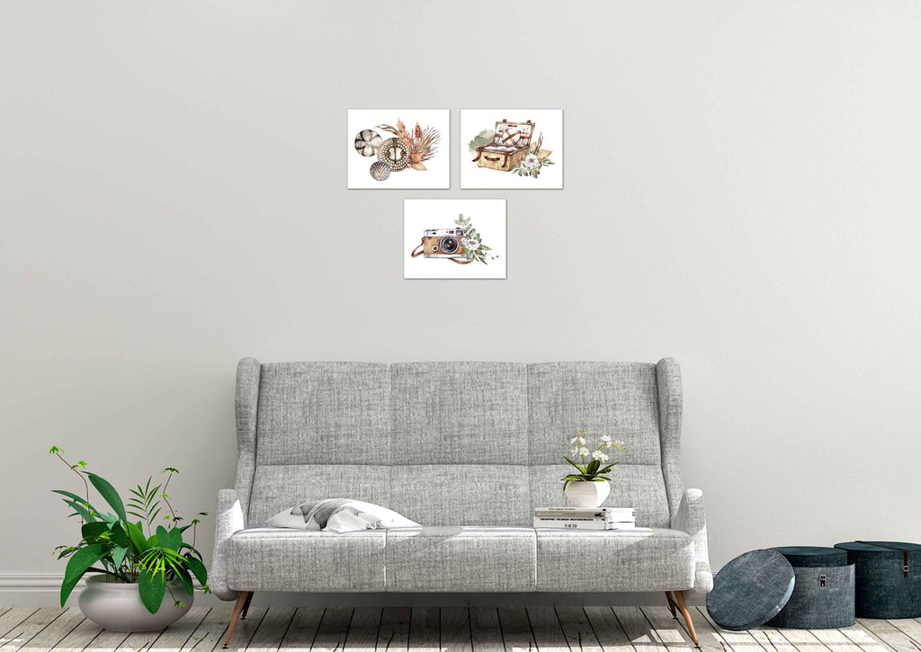Travel Camera Picnic Basket Wall Art Prints Set - Ideal Gift For Family Room Kitchen Play Room Wall Décor Birthday Wedding Anniversary | Set of 3 - Unframed- 8x10 Photos